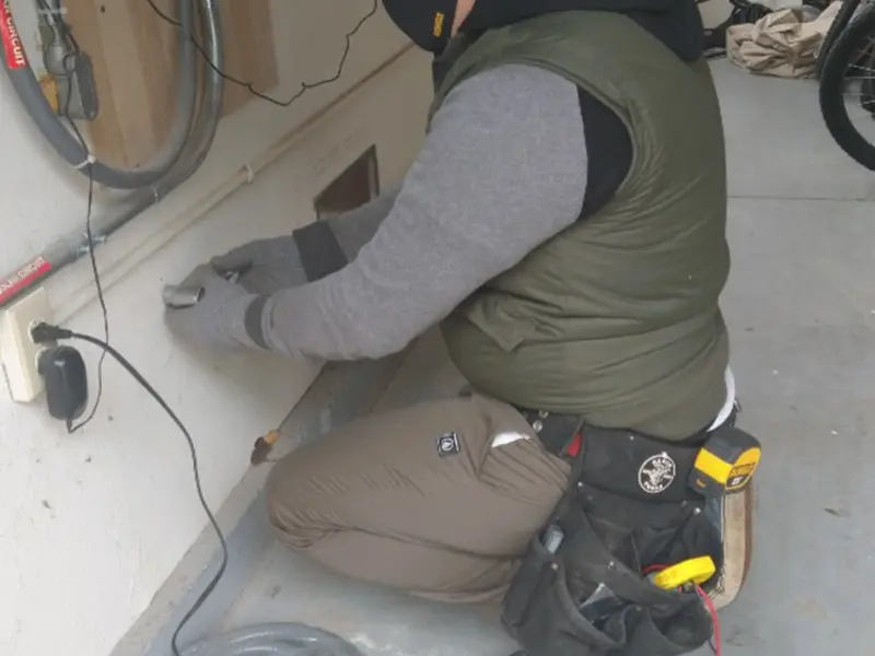 Electrician performing outlet wiring in a Wells garage